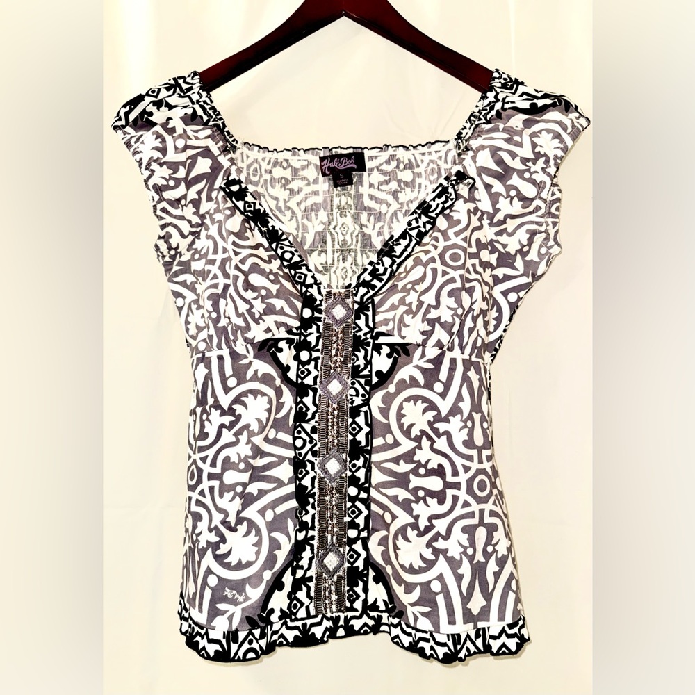 Hale Bob Black and White Ornate Beaded Blouse